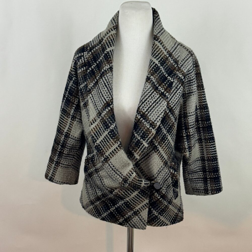 Classiques Entier Gray Black Brown Plaid Raglan Dolman 3/4 Sleeve Jacket Size S